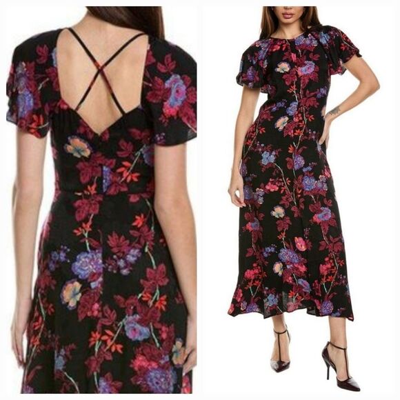 NWT Reiss LENI FITTED FLORAL PRINT Black MIDI Whimsy Fairy DRESS Size 10 *FLAWED - Picture 1 of 16